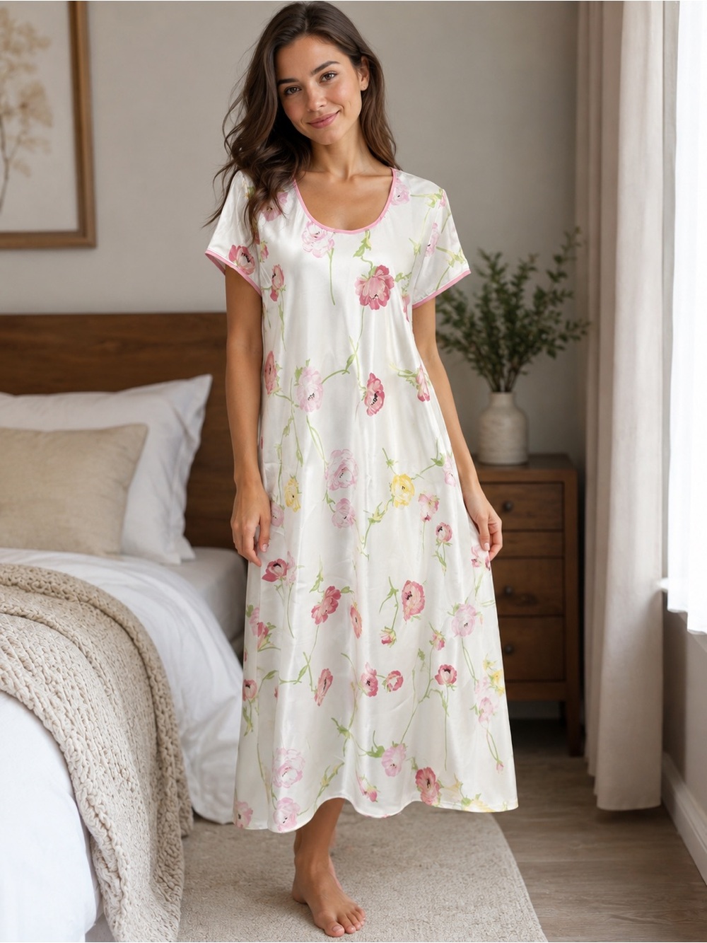 Natori White Floral Satin Nightgown Pink Piped Neckline Short Sleeve XS - Picture 1 of 8